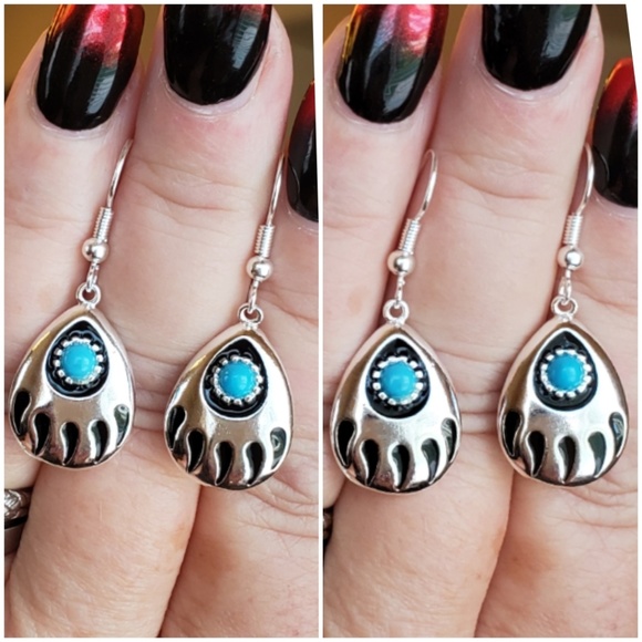 Sleeping Beauty Turquoise Bear Paw Earrings 1.33" - Picture 5 of 5